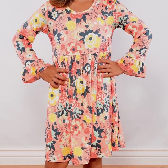 Coral ant Navy Yellow Florals Bell Sleeve Dress - Picture 3 of 5